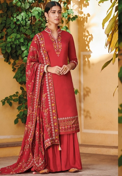 red ora silk embroidered palazzo style suit 801