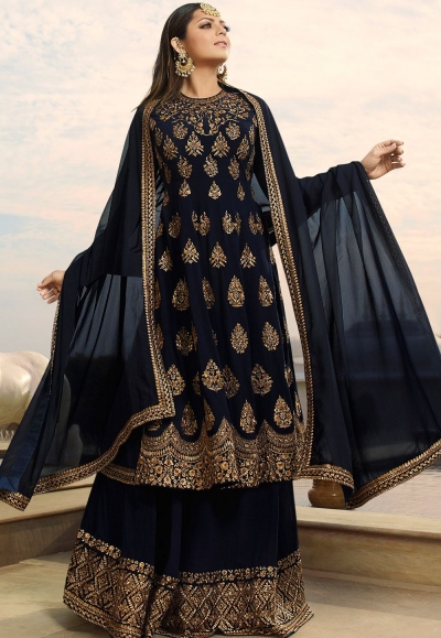 drashti dhami navy blue georgette embroidered lehenga style suit 3801