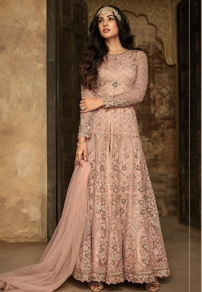 sonal chauhan peach net embroidered long trouser style anarkali suit 7207