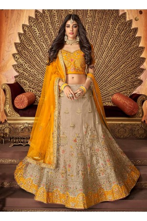 Beige yellow embroidered a line wedding lehenga 13240