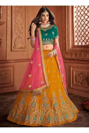 Green mustard embroidered a line wedding lehenga 13237