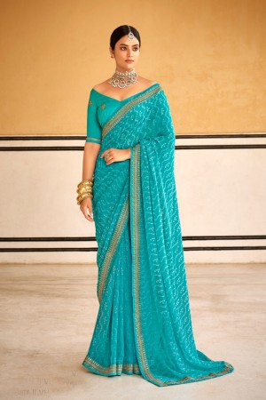 Blue georgette designer Bhandini saree with blouse 1002