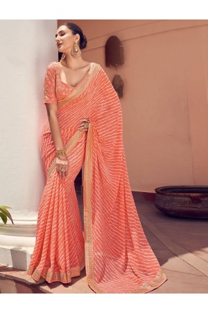 Peach georgette designer lehariya saree with blouse 1031