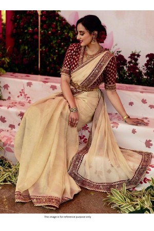 Bollywood model Beige and maroon banarasi crush embroidered wedding saree
