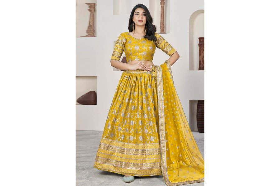 Mustard Brocade Lehenga Choli Set