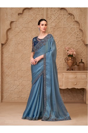 Metal blue Satin Crush georgette embroidered saree with blouse 32007