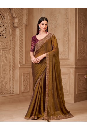 Deep Gold and Maroon twinkle satin silk embroidered saree with blouse 32015