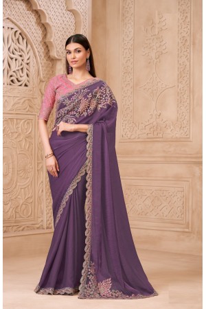 Purple and rose Soft Sparkle georgette embroidered saree with blouse 32012