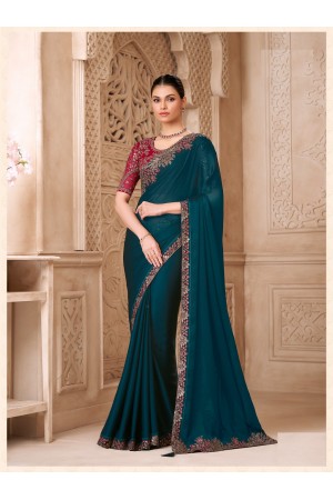 Peacock blue satin georgette embroidered saree with blouse 32018