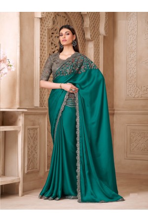 Rama green and Grey twinkle satin silk embroidered saree with blouse 32002