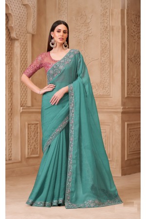 Dusty blue and rose crushed satin georgette embroidered saree with blouse 32016