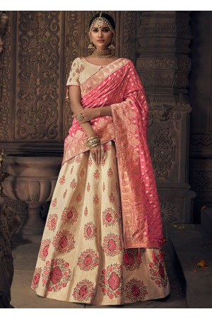 Cream and pink banarasi silk Indian wedding lehenga