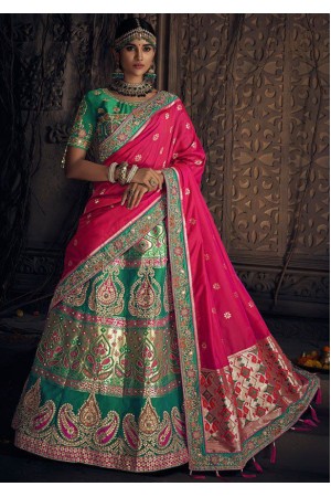 Green and pink banarasi silk Indian wedding lehenga