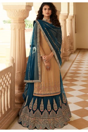 beige blue chinon straight embroidered lehenga style suit 15156