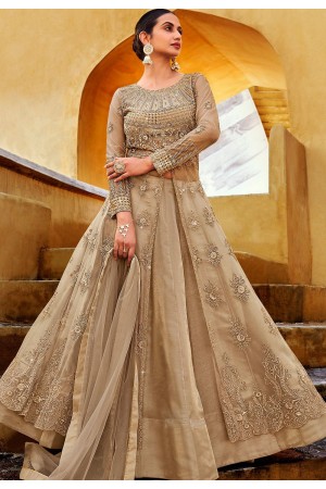 beige net embroidered anarkali front slit lehenga suit 10065