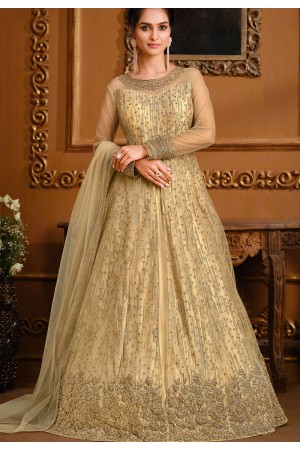 beige net embroidered front slit heavy anarkali suit 4735