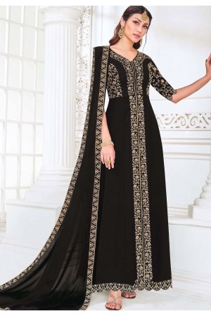 black georgette embroidered front slit anarkali suit 3006