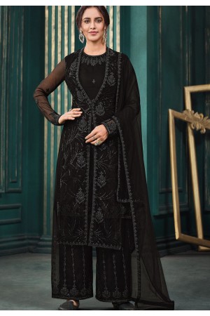 black net embroidered jacket style palazzo suit 3108