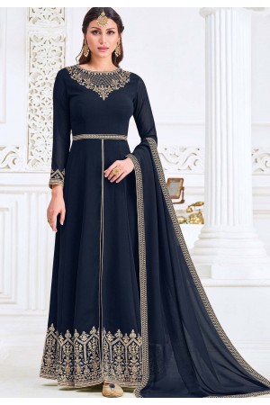 blue georgette embroidered front slit anarkali suit 3001