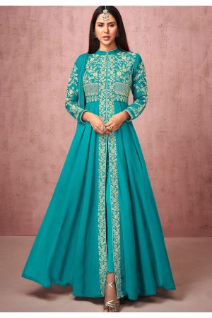 blue georgette embroidered front slit anarkali suit 8524a