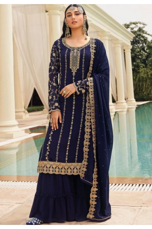blue georgette embroidered sharara pakistani suit 73005