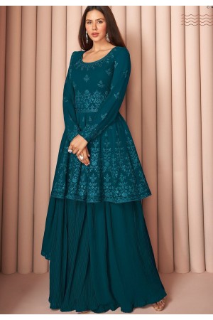 blue georgette embroidered sharara suit 8590