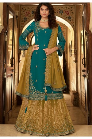 blue green chinon straight embroidered lehenga style suit 15162