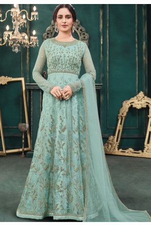 blue net embroidered floor length anarkali suit 3107