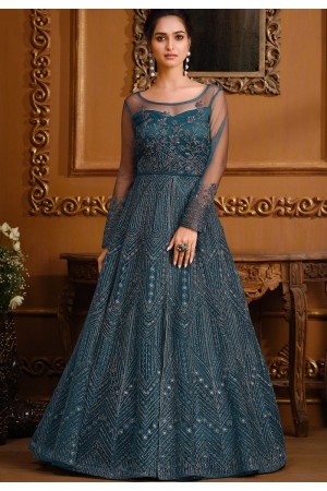 blue net embroidered front slit floor length anarkali suit 4736