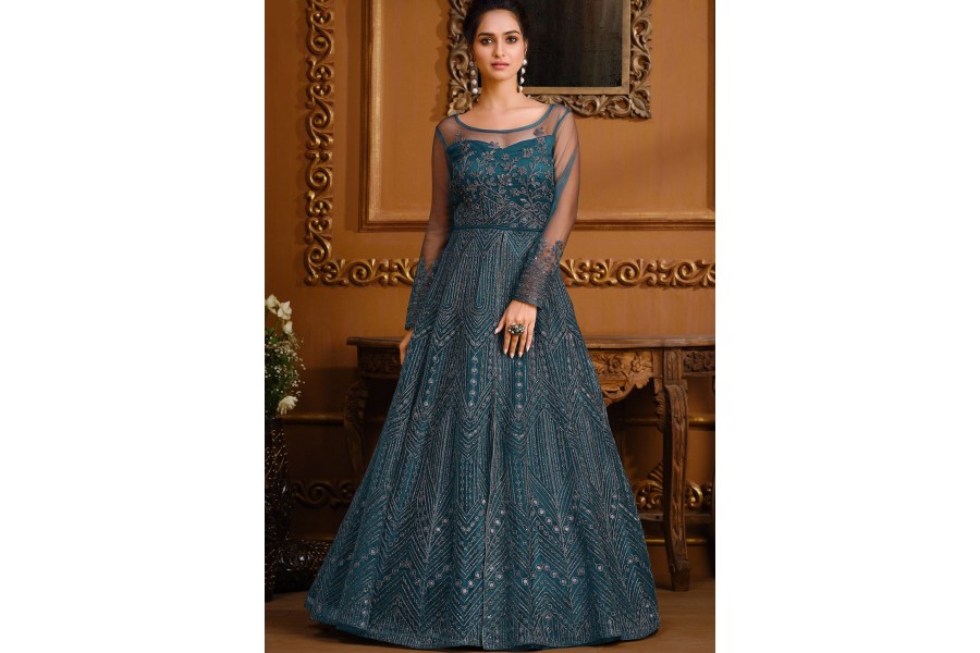 Fabulous Blue Net Embroidered Floor Length Anarkali Suit