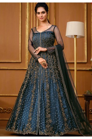 blue net embroidered front slit heavy anarkali suit 4733