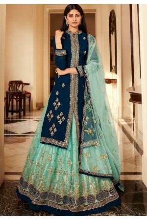 blue satin georgette lehenga style suit 7001