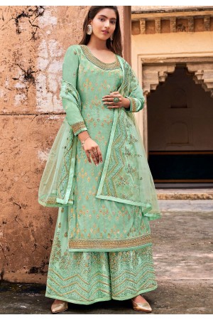 cyan jacquard embroidered straight embroidered palazzo suit 30060