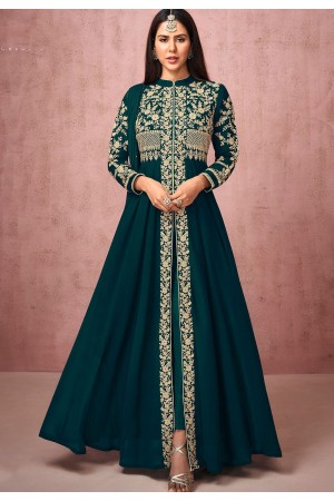 dark blue georgette embroidered front slit anarkali suit 8524d