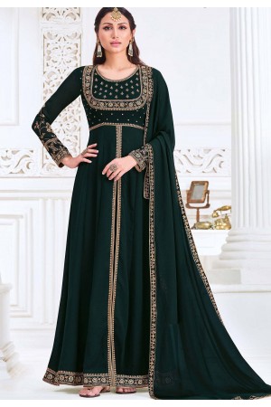 dark green georgette embroidered front slit anarkali suit 3003