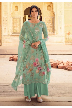 green georgette straight printed palazzo pakistani suit 22205