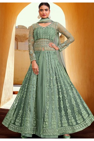 green net embroidered anarkali front slit lehenga suit 10064