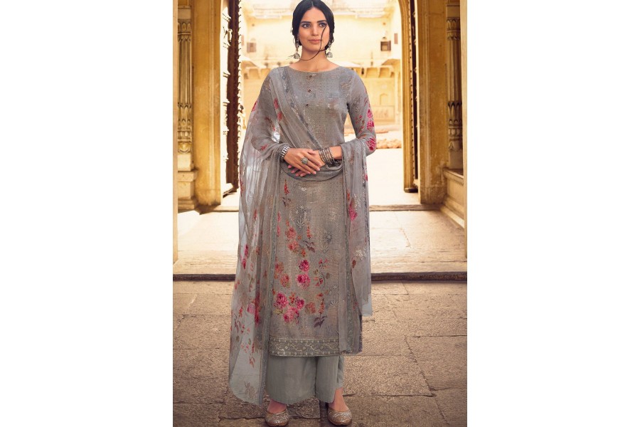 Women Grey Faux Georgette Digital Print Palazzo Suit main image 1