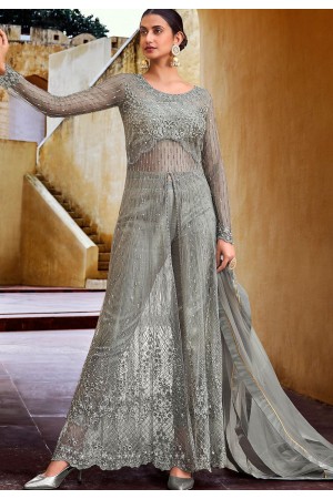 grey net embroidered anarkali front slit trouser suit 10062