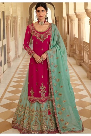 hot pink blue georgette straight embroidered lehenga style suit 15157