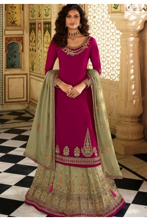 magenta sea green georgette straight embroidered lehenga style suit 15163