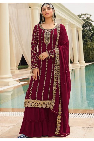 maroon georgette embroidered sharara pakistani suit 73002