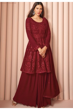 maroon georgette embroidered sharara suit 8589