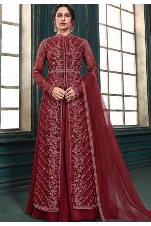 maroon net embroidered long jacket style anarkali suit 3106