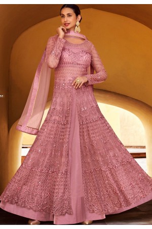 mauve net embroidered anarkali front slit lehenga suit 10066