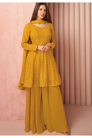 mustard georgette embroidered sharara suit 8588