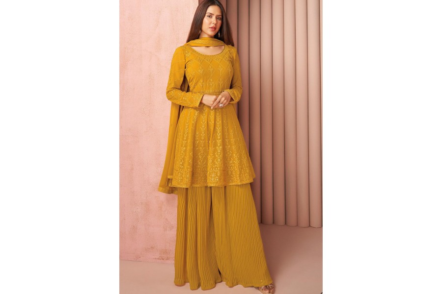 Real Georgette Mustard Dress Suit Sharara Bottom main image 0