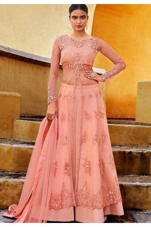 pink net embroidered anarkali front slit lehenga suit 10063