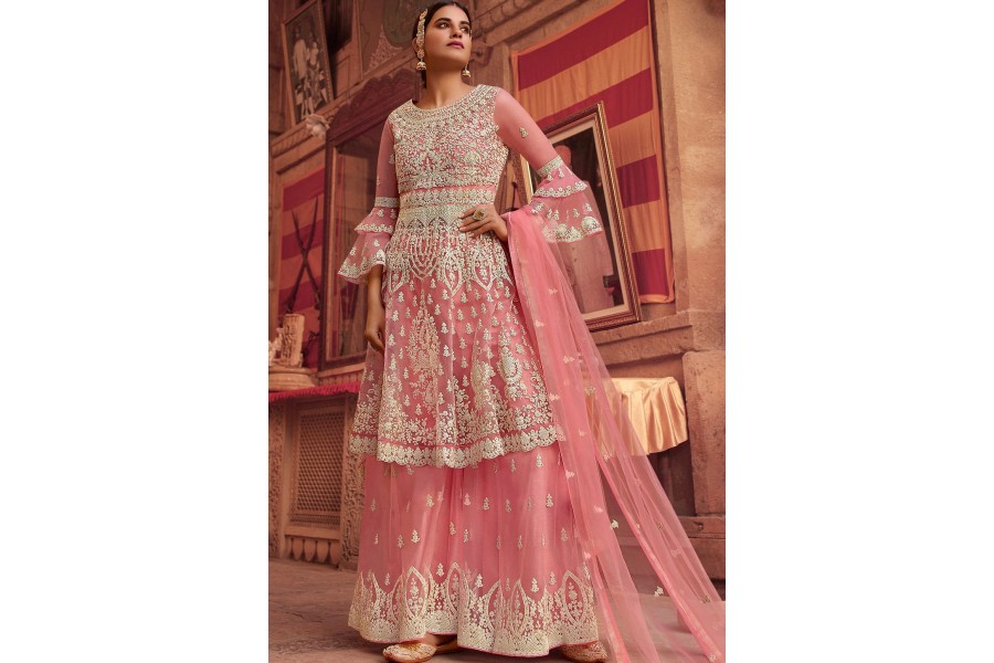 Rani Pink Designer Pakistani Semi-Stitched Palazzo Suit With Embroidery Work