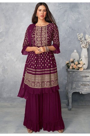 purple georgette embroidered sharara suit 8583